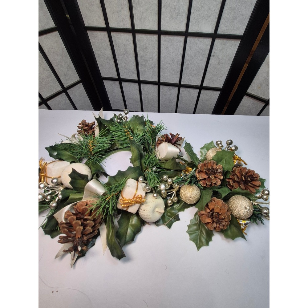 Christmas Candle Rings Set of 2 Holly Pinecone Gold Glitter Ornaments Greenery